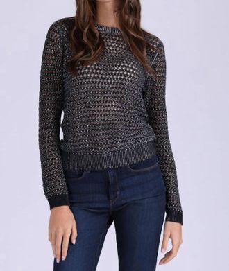 Minnie Rose Cotton Cashmere Plaited Mesh Studded Crew Sweater In Black/white