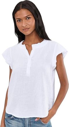 Mod-o-doc Gauze Flutter Cap Sleeve Ruffle Neck Henley Shirt Womens Clothing White : LG (US 12-14), Cotton