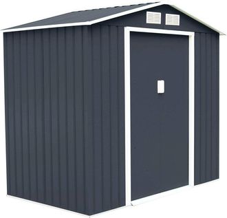 Costway Cobertizo De Jard&iacute;n Con Base Met&aacute;lica Con Puerta 213x127x185cm Exterior Caseta De Jard&iacute;n Herramienta Almacenamiento Gris Oscuro
