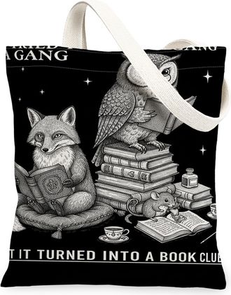 Generic Book Club Animals Canvas Tote Bags, Stylish Fox and Owl Design Reusable Grocery Bags, Lightweight Washable Shoulder Strap C, Black, 13x15 Inch
