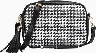 Generic Houndstooth Pattern Crossbody Bag with Tassel, PU Leather Vegan Shoulder Bag for Women, Blue and Beige, 24x17x7cm (Black)
