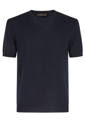Zanone Blue Round Neck Short Sleeve Ribbed Trim Cotton Knit T-Shirt