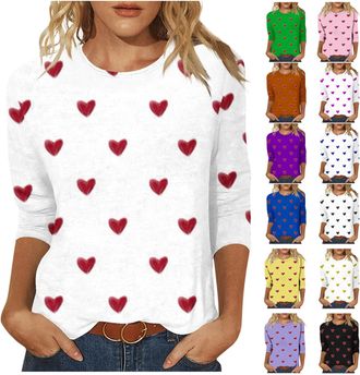 Generic 3/4 Sleeve Tops for Women UK Crew Neck Heart Graphic T Shirt Love Print Tshirts Valentines Day Outfits Ladies Casual Tee Shirts Blouses Valentines Day
