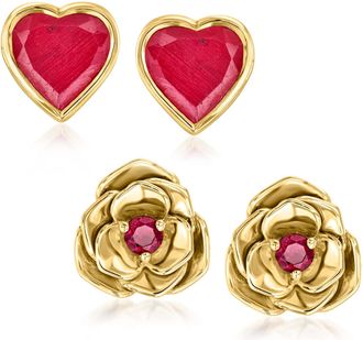 Ross-Simons Ruby and. Rhodolite Garnet Jewelry Set: Heart and Flower Earrings in 18kt Gold Over Sterling