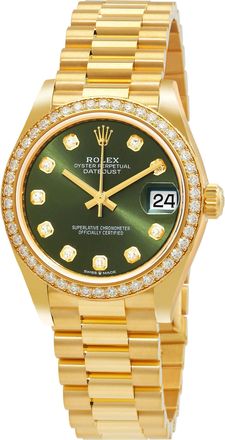Rolex Datejust 31 Olive Green Diamond Dial Ladies 18kt Yellow Gold President Watch 278288GNDP
