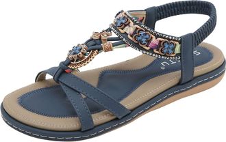 Generic Womens Wide-fit Sandals Ladies Elastic Band Flip Flops Summer Flat Leather Sandals Round Toe Bohemian Walking Sandals,JH14,6.5,Blue