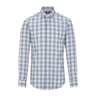 HUGO BOSS Mens Gingham Spread Collar Slim Long-Sleeved Formal Shirt (Dark Blue) - Size 15 inch