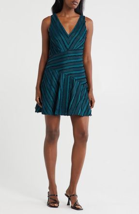 Rebecca Taylor Sleeveless Eyelash Fringe Fit & Flare Dress in Green Navy Combo at Nordstrom Rack, Size 12