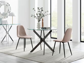 Furniturebox Novara 100cm Round Black Leg Dining Table & 2 Corona Black Leg Chairs in Beige