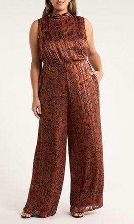 Sugarlips Leoben Pleated Sleeveless Satin Jumpsuit in Brown-Black at Nordstrom, Size 1 X