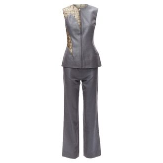 Versace GIANNI VERSACE Vintage Runway grey nude lace mesh illusion vest pants IT38 XS
