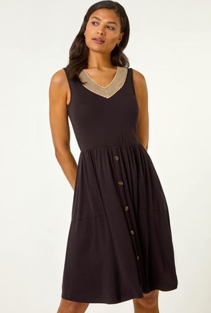 Roman Contrast V-Neck Stretch Dress