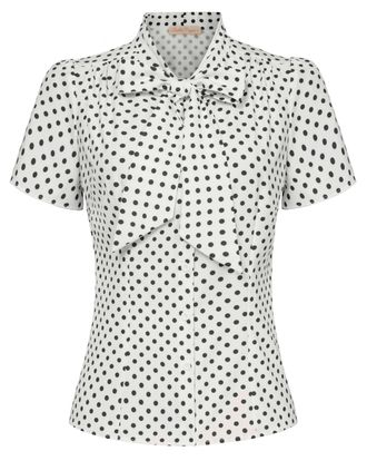 Belle Poque Women Classic Shirts Short Sleeve Stand Collar Tie Up Blouse Top for Work