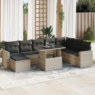 vidaXL Set Muebles Jard&iacute;n 9 Pzas Y Cojines Rat&aacute;n Sint&eacute;tico Gris Claro Vidaxl