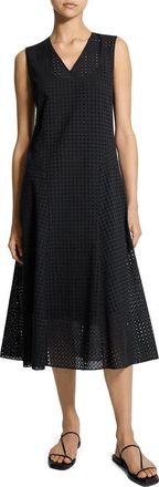 Theory Eyelet Embroidered Fit & Flare Cotton Midi Dress in Black at Nordstrom, Size 16