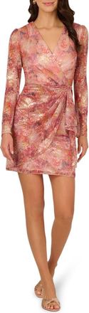 Adrianna Papell Print Metallic Crinkle Long Sleeve Dress in Blush Multi at Nordstrom, Size 18