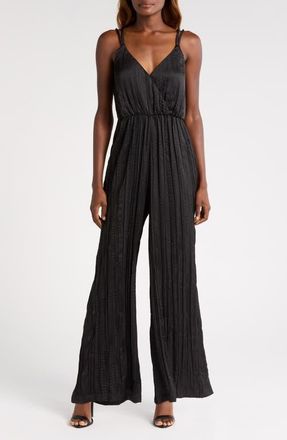 ASTR the Label Surplice Neck Plissé Satin Jumpsuit in Black at Nordstrom, Size Medium