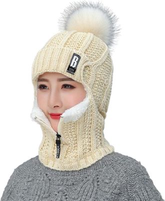 Generic Winter Siamese Windproof Hat, 3 in 1 Winter Knitted Beanie Hat, Women Windproof Warm Siamese Scarf Knitted Hat (UK, Alpha, One Size, Beige)