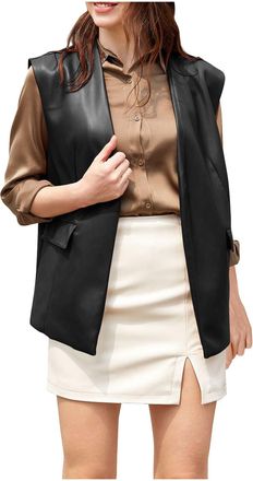 Generic 2024 Women Faux Leather Waistcoat V Neck solid colour Sleeveless Female Outerwear Fashion Front Button Slim Fit Faux Leather Gilet Motorcycle Fake Lea