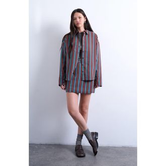Topshop Oversize Stripe Quilted Button-Up Shirt in Brown Multi at Nordstrom, Size 14 Us