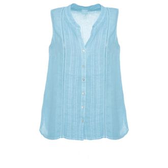 120% Lino 120% Lino, Sleeveless Tops, female, Blue, Size: XS Crewneck Sleeveless Linen Top