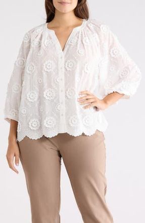 JANE + MERCER Floral Elbow Sleeve Cotton Button-Up Top in White at Nordstrom Rack, Size 1 X