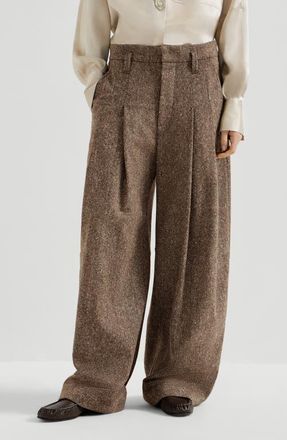 Brunello Cucinelli Virgin wool donegal pleated barrel trousers with monili in Light Brown at Nordstrom, Size 36