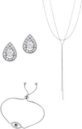 Adornia Layered Lariat Necklace, Evil Eye Bracelet & Halo Teardrop Stud Earrings in Silver at Nordstrom Rack