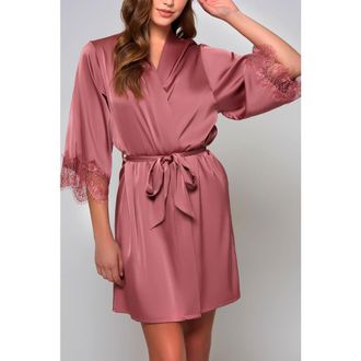 iCollection Stretch Satin Lace-Trim Robe in Wine at Nordstrom, Size X-Large