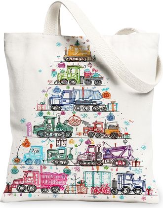 Generic Christmas Truck Canvas Tote Bags, Colorful Vehicle Pattern Reusable Grocery Bags, Festive Lightweight Washable Canvas for T, White, 13x15 Inch