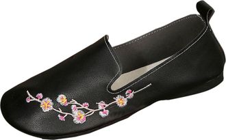 Generic Black Female Fashion Flat Shoes Featuring Round Toe Floral Design for Outdoor Leisure Activities