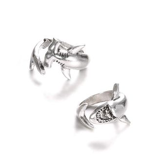 Generic 2 PCS/Set New Creative Animals Shark Rings for Women Men Silver Color Fashion Adjustable Opening Metal Ring Punk Couple Jewelry Attractive Processing