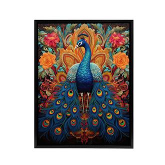 Artery8 Royal Peacock Exotic Bird Framed Canvas Wall Art Print | Size: W24 x H32