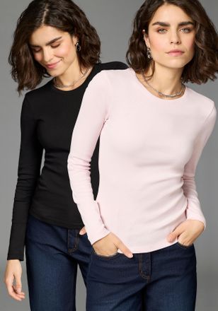 Flashlights Longsleeve FLASHLIGHTS, Damen, Gr. 36/38, schwarz, rose, Rippware, Obermaterial: 100% Baumwolle, unifarben, Basic, figurbetont h&uuml;ftlang, Rundhals, abg