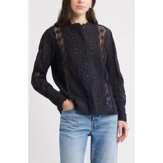 Caslon Pretty Lace Panel Button-Up Shirt in Black at Nordstrom Rack, Size Medium