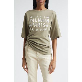 Balmain Club 45 Ruched Graphic T-Shirt in Uja Pale Green/Multi at Nordstrom, Size X-Large