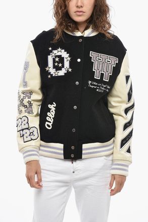 Off-white Wool Bomber Jacket With Patch And Logo Buttons Off-White