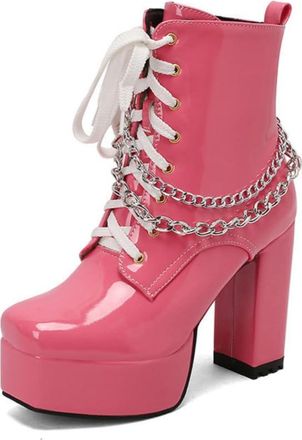 Generic Women Square Toe Platform Chunky Heel Combat Ankle Boots, Punk Style with Gothic Chain Accents,Pink,10 UK
