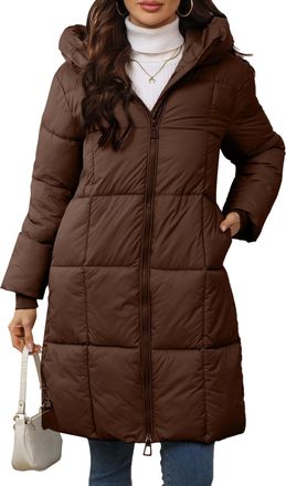 Feoya Womens Winter Long Puffer Coats Hooded Zip Up Casual Thickened Down Jackets Trendy Warm Clothes Outerwear Tag XL=US L
