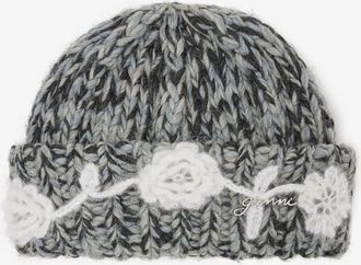 Ganni Mixed Grey Wool Handknit Beanie