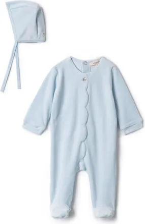 Fragile Boy Cotton Velour Scallop Romper with Bonnet in Baby Blue at Nordstrom, Size 3M