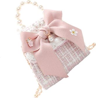 Yarnow Mini Bow Crossbody Shoulder Bag for Girls, Pink Pearl Accent Messenger Storage Bag for Boys and Girls, Fashionable Childrens Small Shoulder Handbag fo