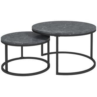 HOMCOM 2 Pcs Stacking Coffee Table Set Steel Frame Marble-Effect Top Foot Pads | TJ Hughes