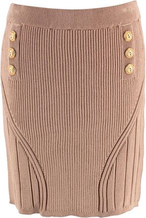 Balmain Camel Ribbed Knit Mini Skirt with Gold Button Detail Size XL