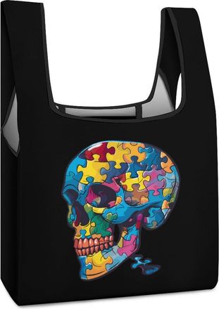 Generic Autism Awareness Puzzle Skull Shopping Bag Reusable Grocery Tote Bag Foldable Handbag for Travel Picnic