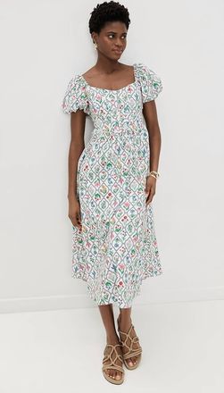 Moon River Puff Sleeve Corset Midi Dress In Ivory Multi