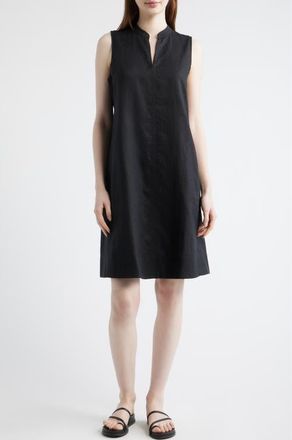 Eileen Fisher Split Neck Organic Linen Shift Dress in Black at Nordstrom, Size Xx-Small