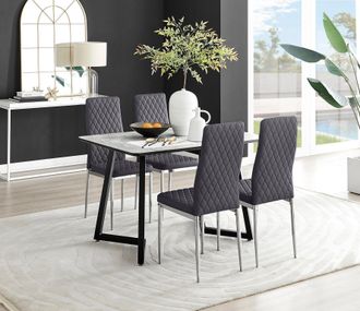 Furniturebox Carson White Marble Effect Dining Table & 4 Velvet Milan Chairs in Grey