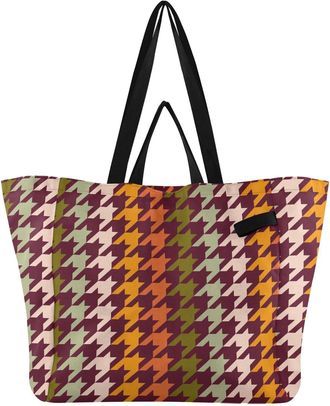 Generic Houndstooth Orange Green print Reusable Canvas Tote Bag, Heavy Duty Grocery Shopping Bag with Large Capacity Hard Bottom Double Handles Work Groceries