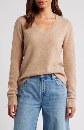 Caslon Cashmere V-Neck Sweater in Tan Camel Dark Heather at Nordstrom Rack, Size Xx-Large